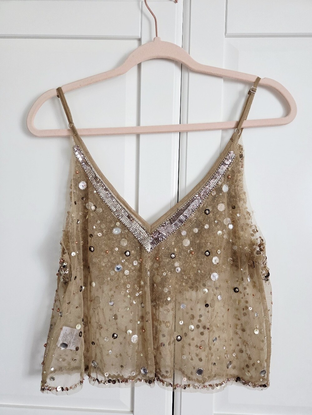 Anthropologie Sequin Embellished Nude-Beige V-Neck Camisole - Picture 4 of 13